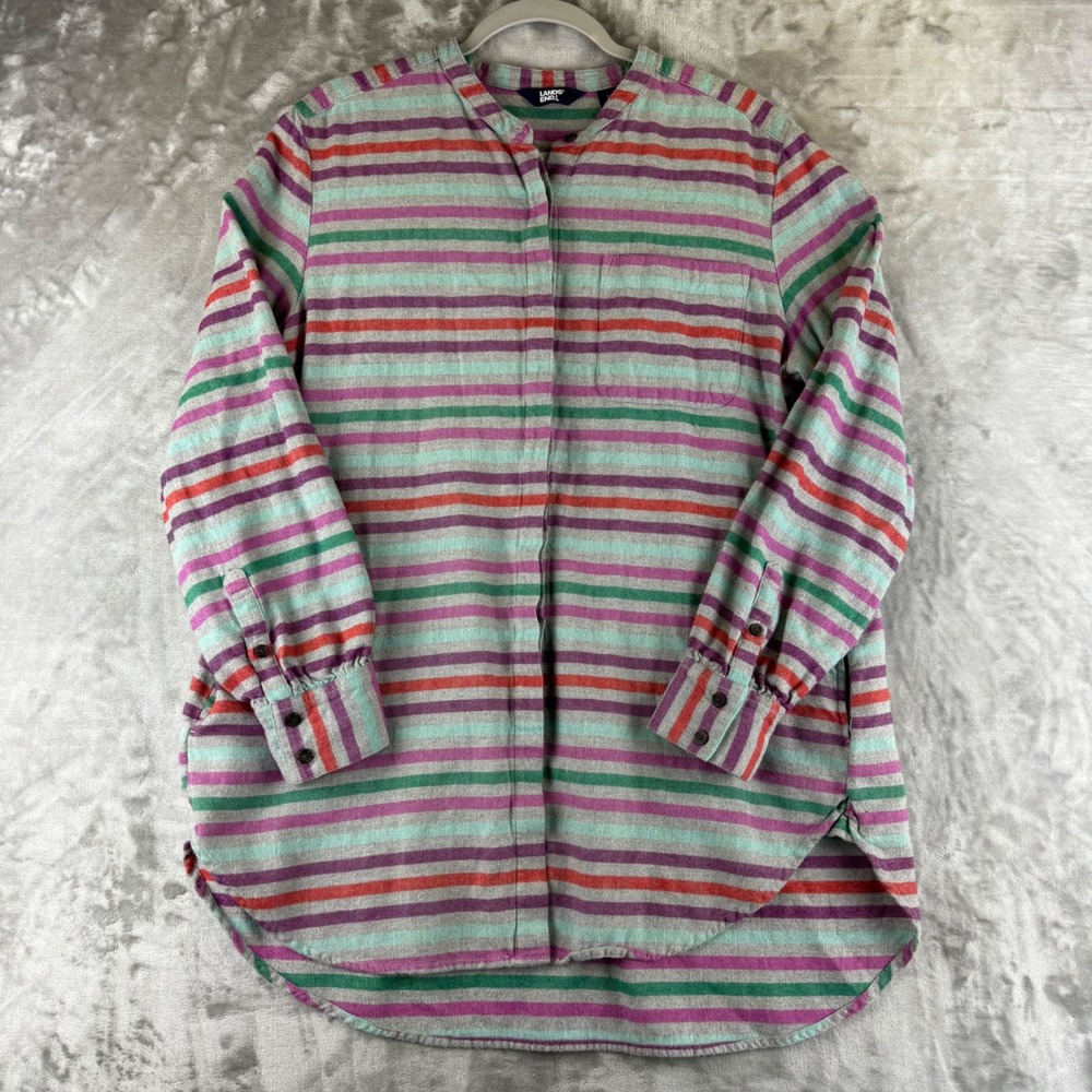 Lands End Flannel Tunic Womens L 14-16 Multi Color Striped Band Collar (1500)